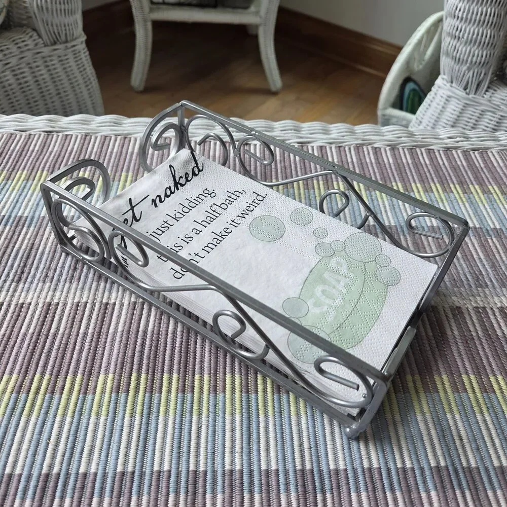 Silver Scroll Metal Guest Towel Holder Caddy Bathroom Napkin Tray Basket